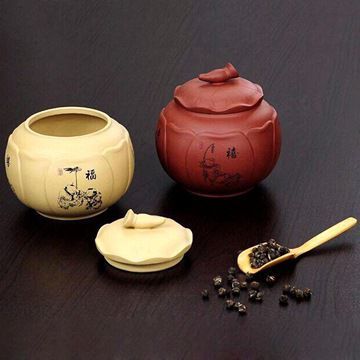 厂家直销宜兴紫砂密封防潮存茶缸普洱醒茶罐 两色福禄寿喜莲藕罐